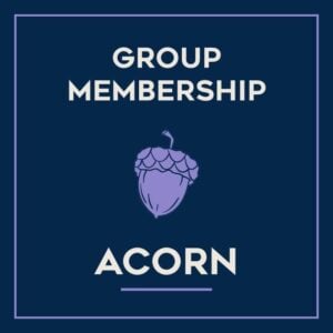 The icon reads "Group Membership Acorn" on a dark blue background. There is a lavender colored graphic of an acorn.