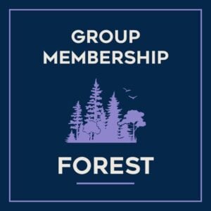 The icon reads "Group Membership Forest" on a dark blue background. There is a lavender colored graphic of a forest with a couple birds flying overhead.