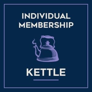The icon reads "Individual Membership Kettle" on a dark blue background. There is a lavender colored graphic of a steaming kettle.