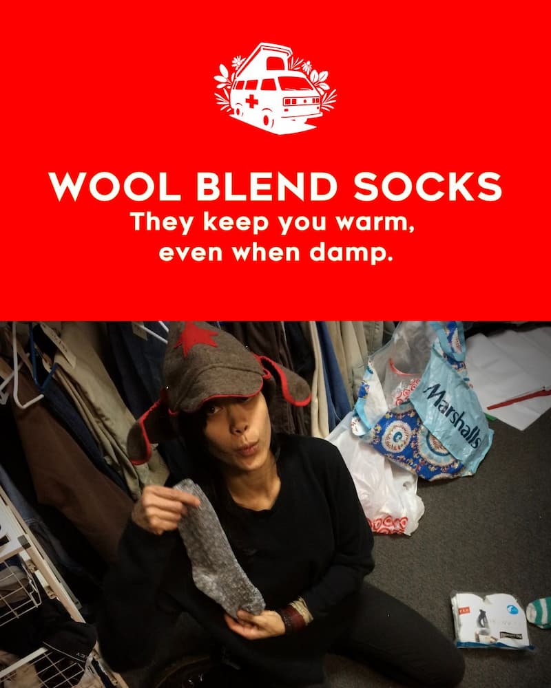 text reads: wool blend socks and the photo shows Corinne of the herb bus holding up a wool blend sock.